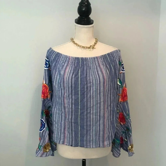 Flont embroidered strapless bell sleeve mod blue top M - Picture 3 of 15